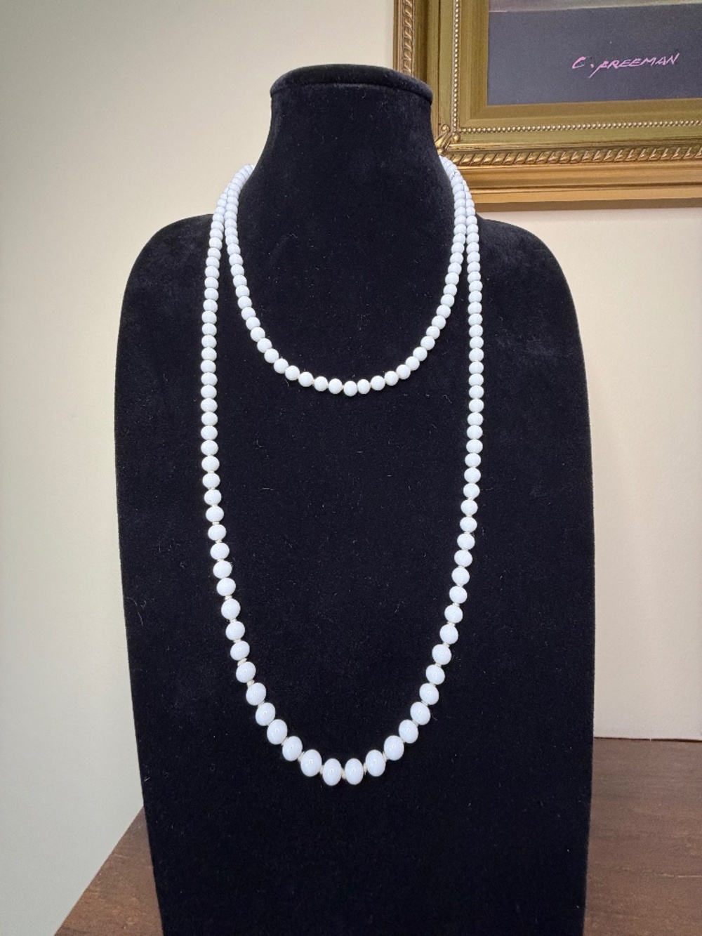 VERY LONG Vintage MCM White Milk Glass Beaded Necklace 52" L JAPAN